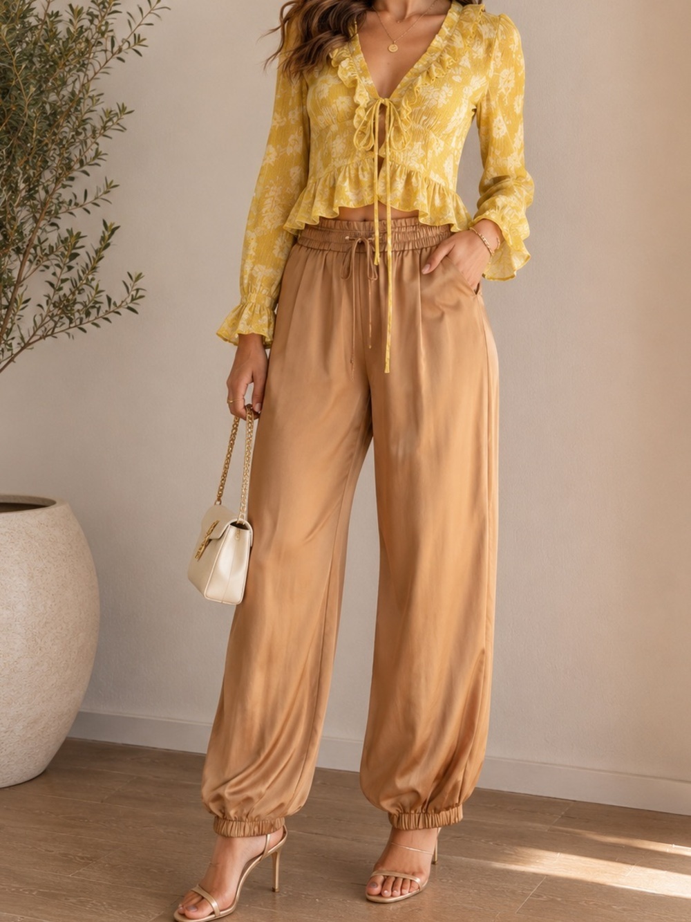 Entro Camel Satin Jogger Pants Size M Elastic Waist Pull-On